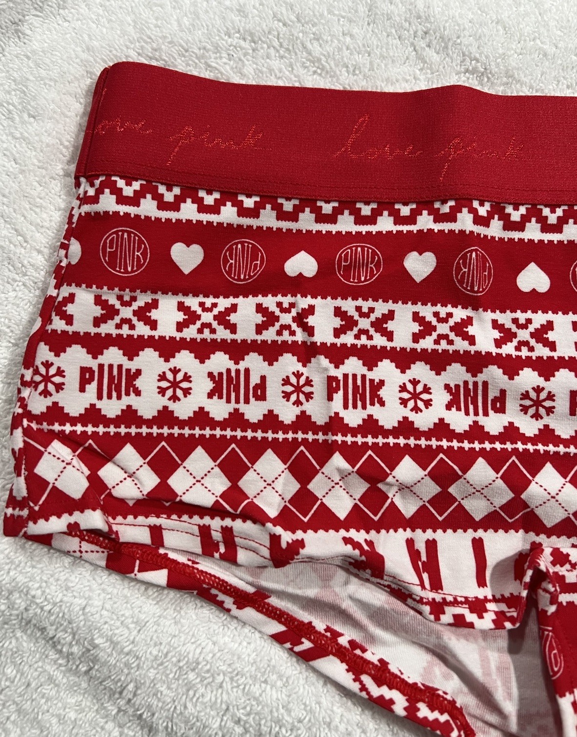 Victoria’s Secret PINK LOGO SHORTIE BOYSHORTS Red White Fair Isle Panty Large
