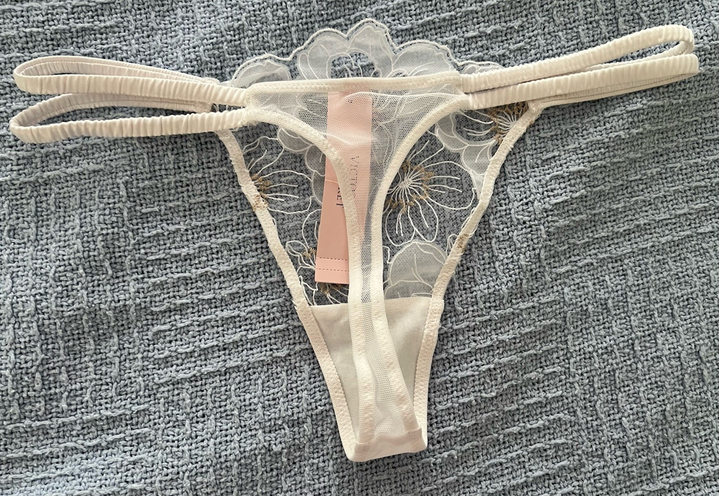 NWT Victoria’s Secret Double Strap Lace Mesh Thong Panty White Gold Bridal Small