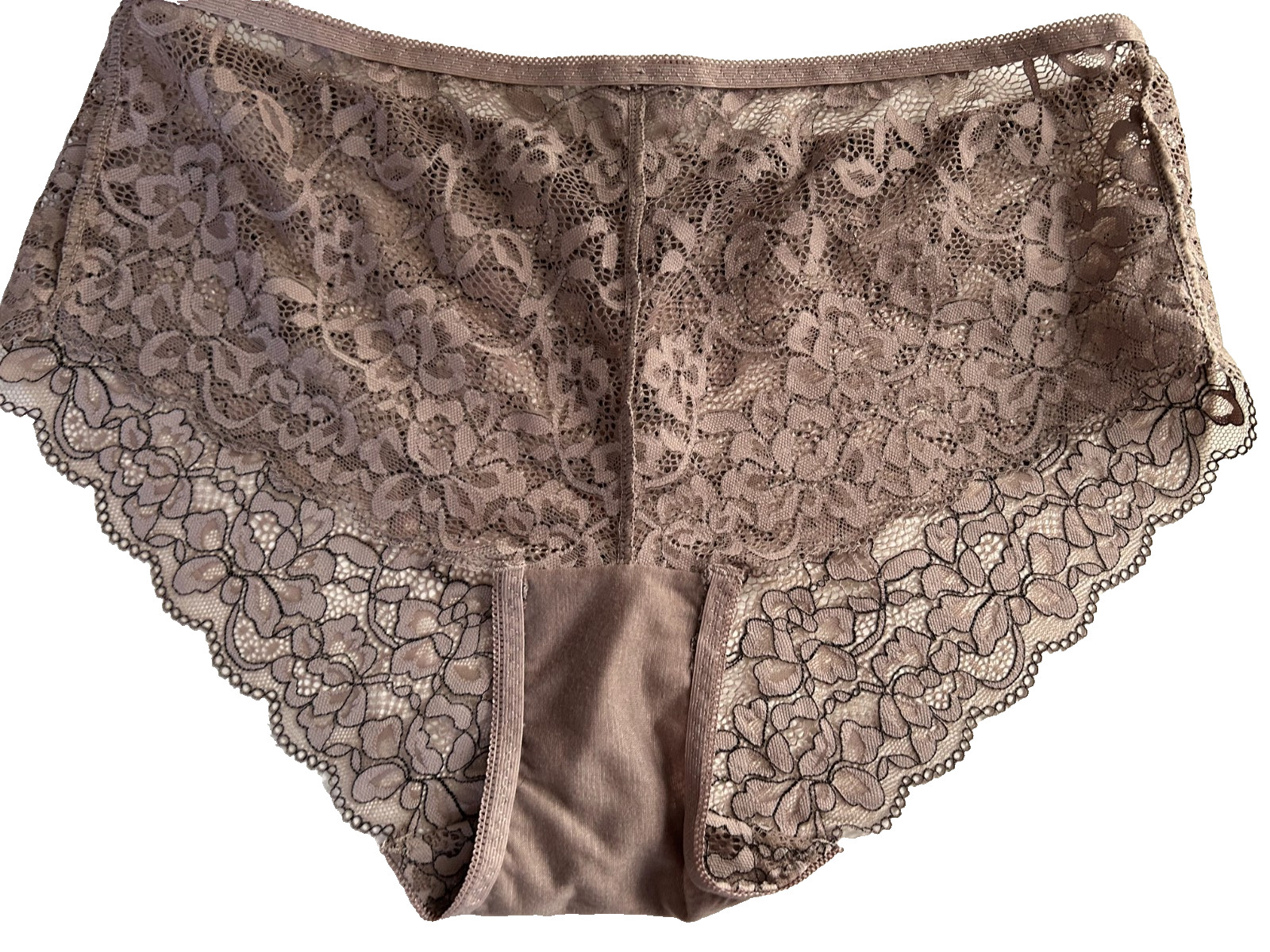 Women L Brown Scalloped Lace High Waisted Panties Seamless Full Briefs Comfy