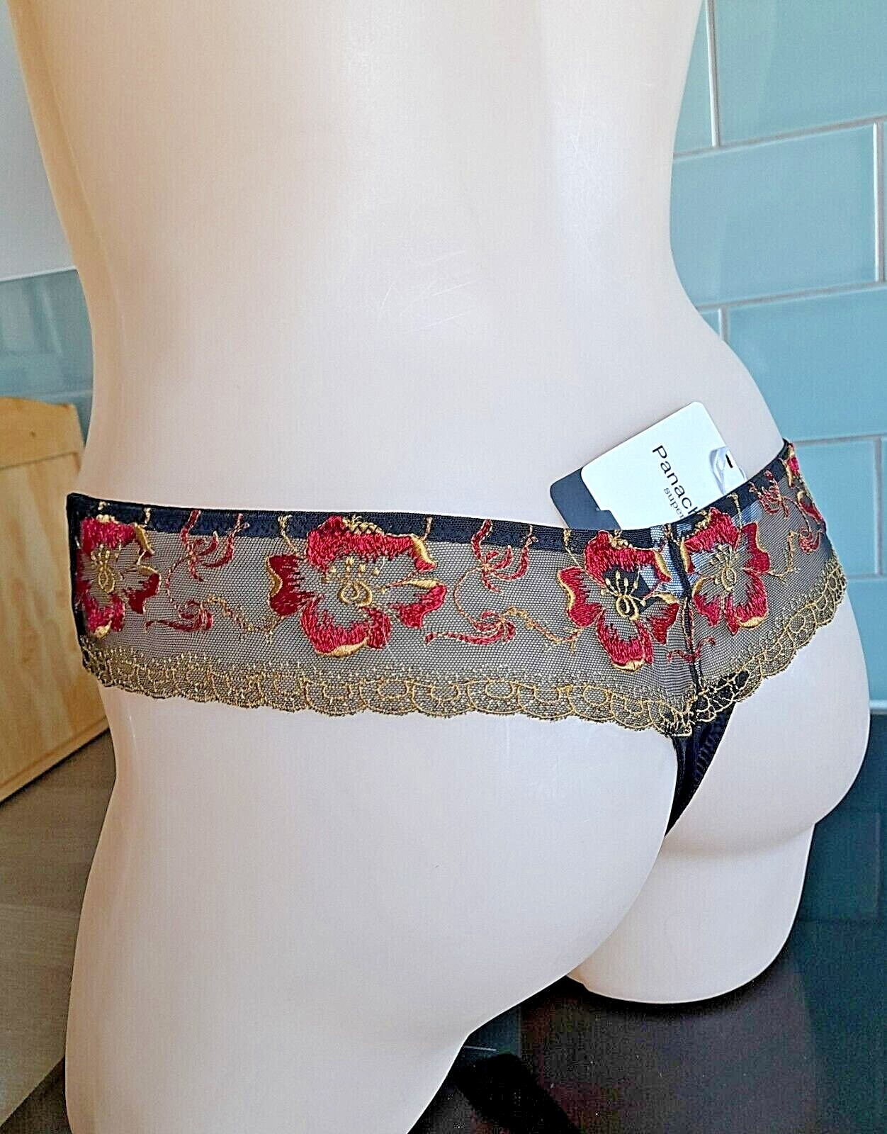 Panache Black Porcelain Oasis Thongs With Red/Gold Embroidery