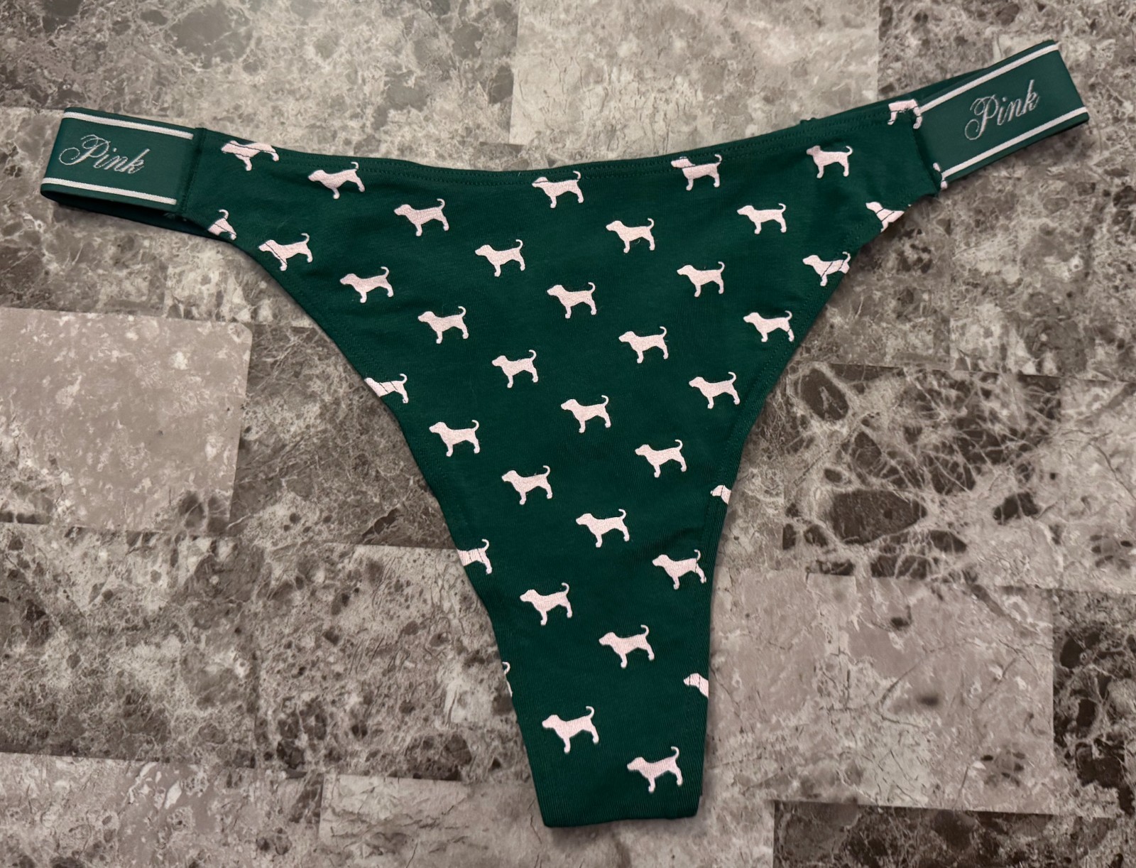 NWT VICTORIA’S SECRET PINK GREEN DOG LOGO THICK SIDE STRAP THONG PANTIES
