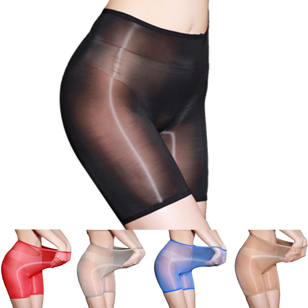 Oily Glossy Nylon Mid-waist Boxer Briefs Ultra Thin Sheer Hipster Shorts