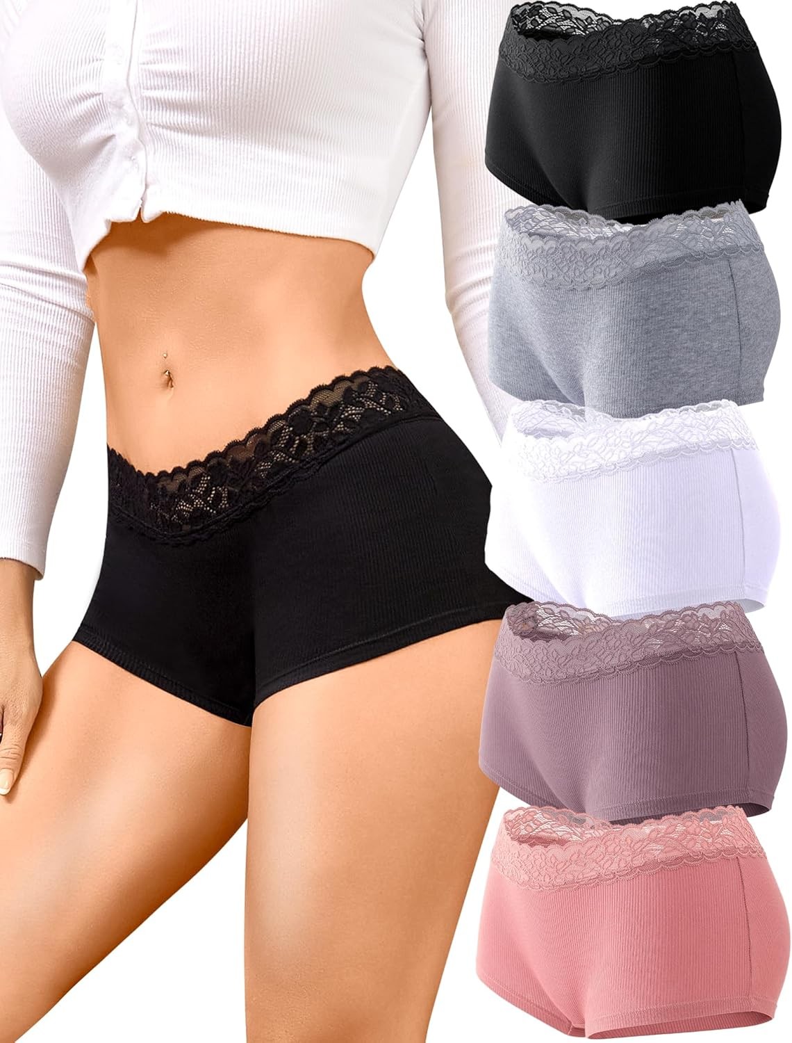 Cotton Underwear for Women Boy Shorts Lace Boxer Briefs Soft Full Coverage