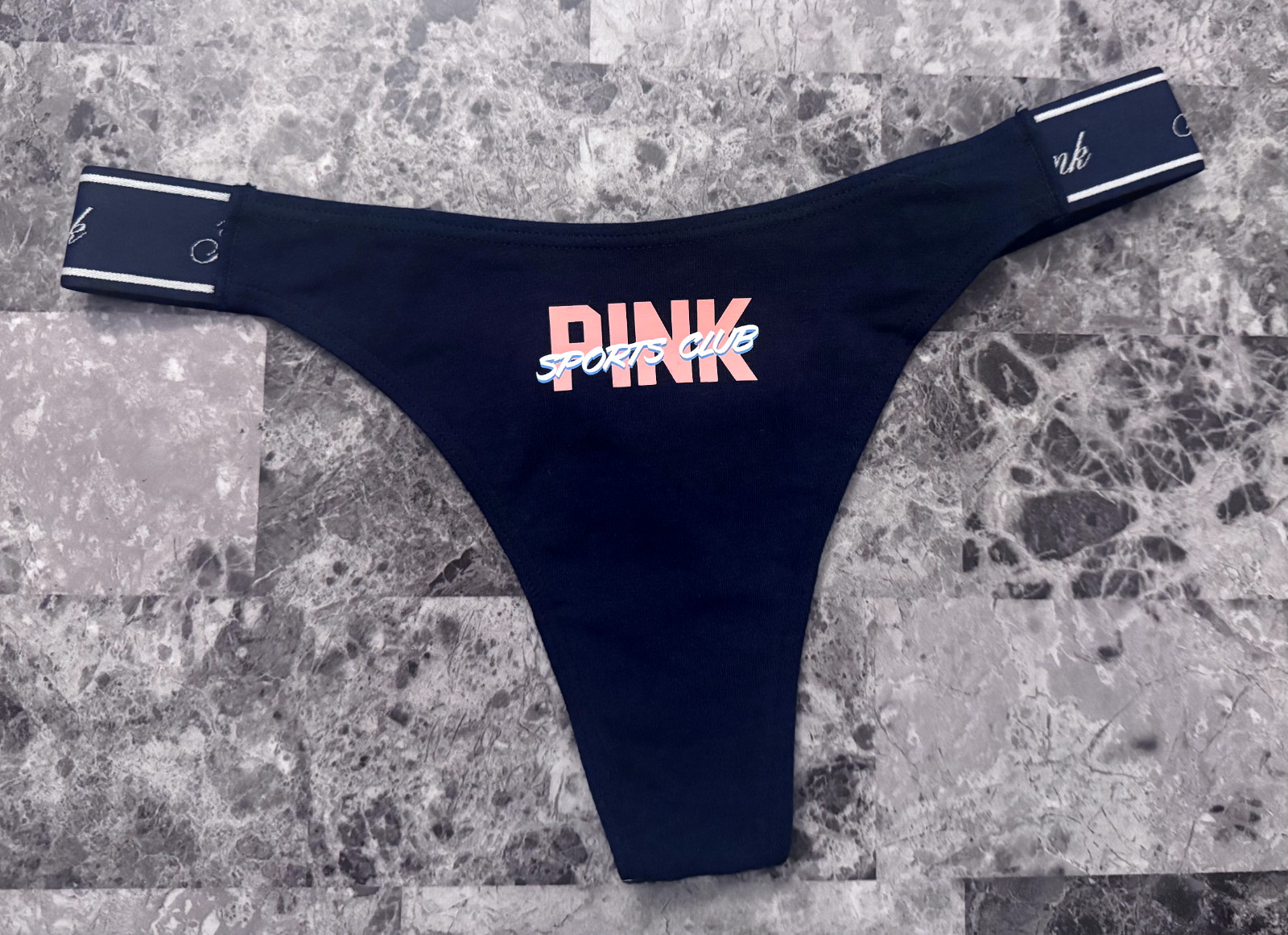 NWT VICTORIA’S SECRET PINK NAVY BLUE SPORTS CLUB THICK SIDE STRAP THONG PANTIES
