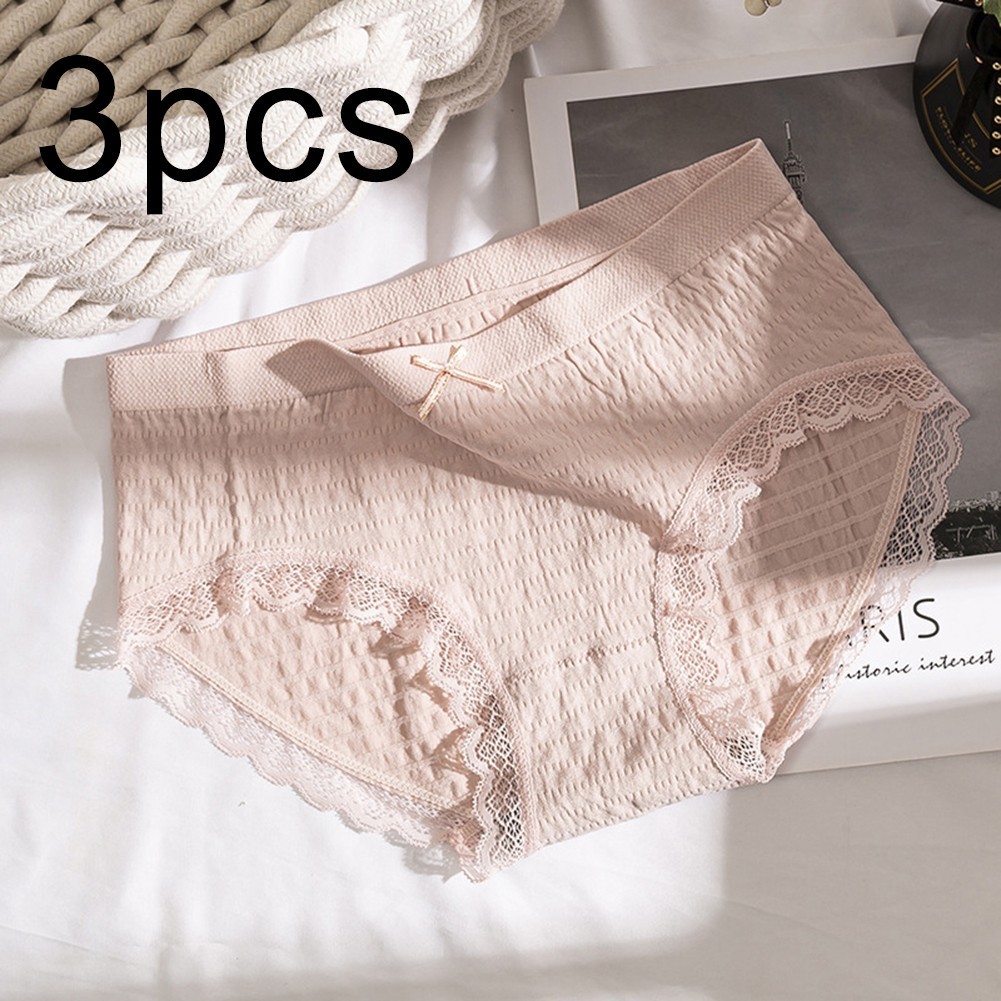 Solid Color Women Underwear 3 Pairs Pack Lace Edge High Elasticity Nylon