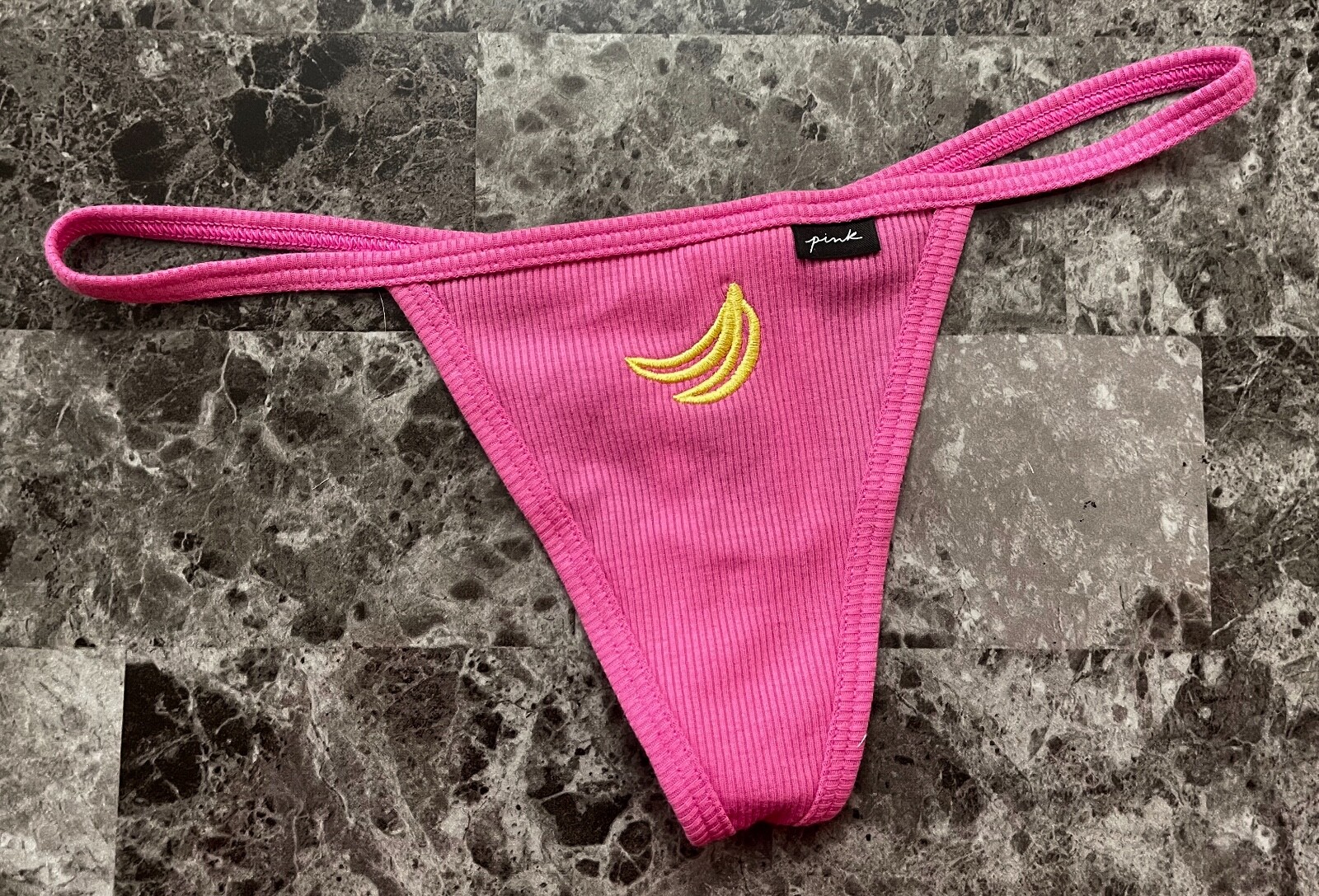 NWT VICTORIA’S SECRET PINK YELLOW BANANA RIBBED KNIT V STRING THONG PANTIES