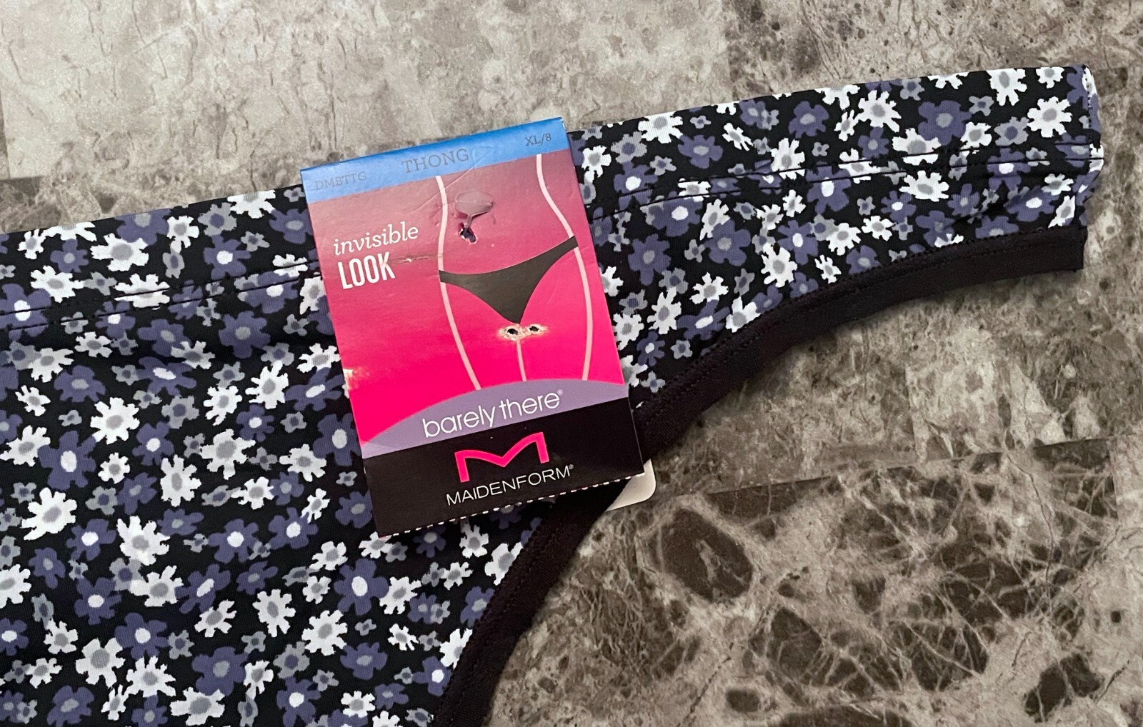 NWT MAIDENFORM XL BLACK BLUE GRAY FLORAL SMOOTH BARELY THERE THONG PANTIES