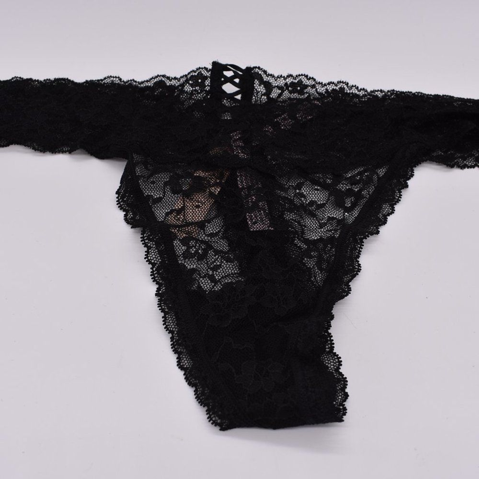 Victorias Secret Panty Womens XXL The Lacie Posey Lace Lace-Up Thong Black