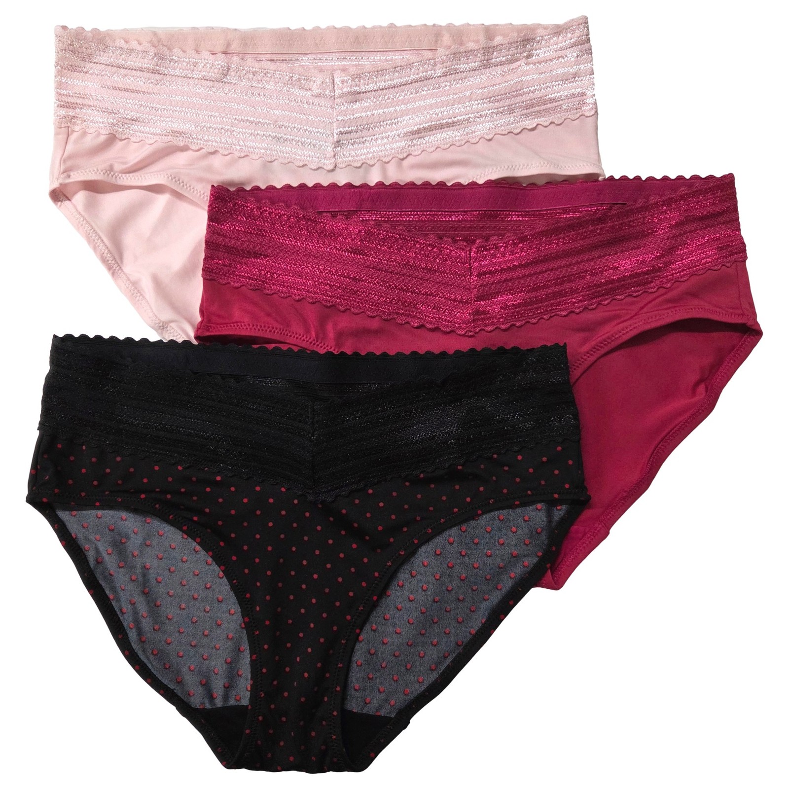 Warners Womens 3pc Microfiber & Lace Hipster Panty Set Black Polka-Dot
