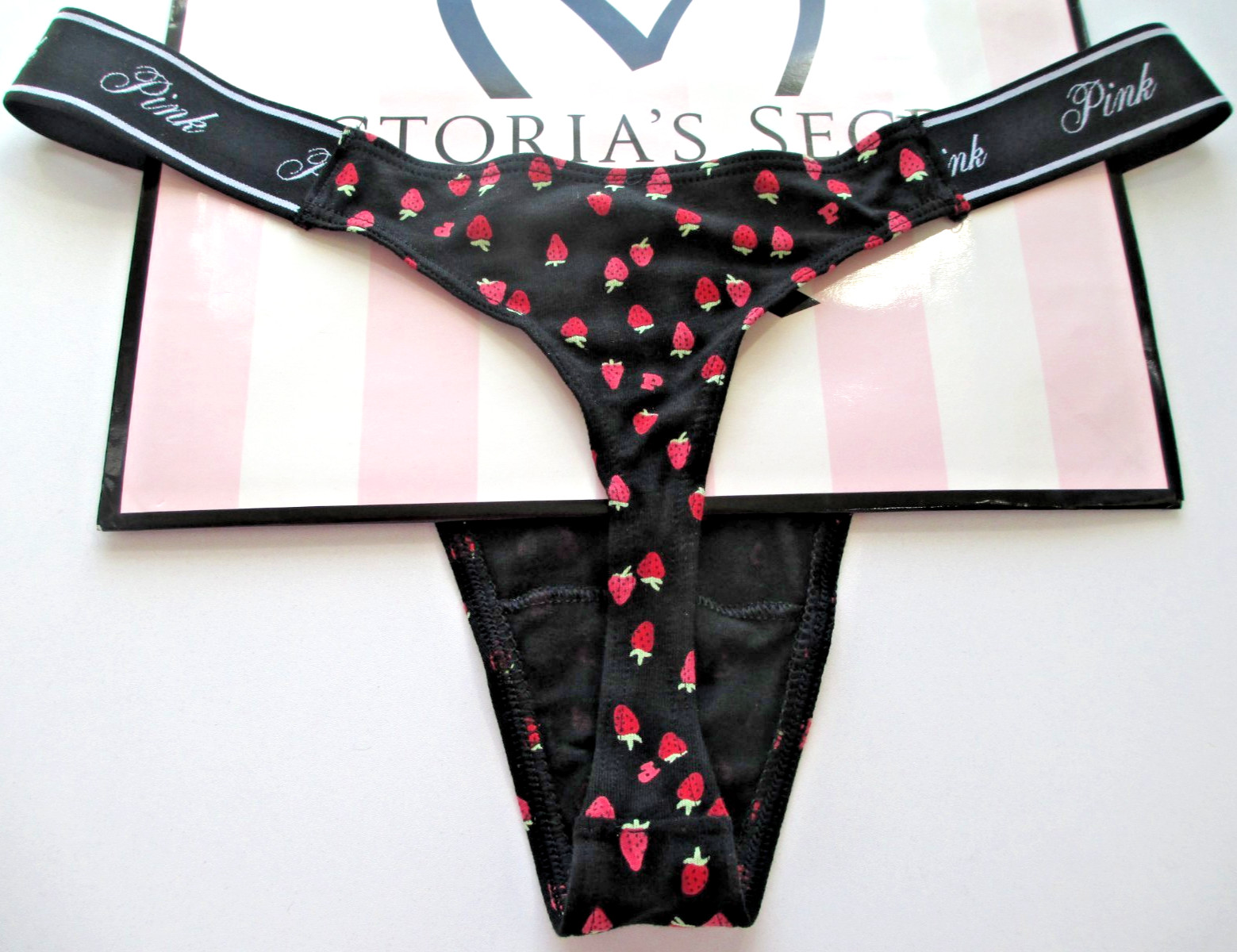 VICTORIA’S SECRET PINK Cotton Logo High Leg Thong Panty S M L Black Strawberries