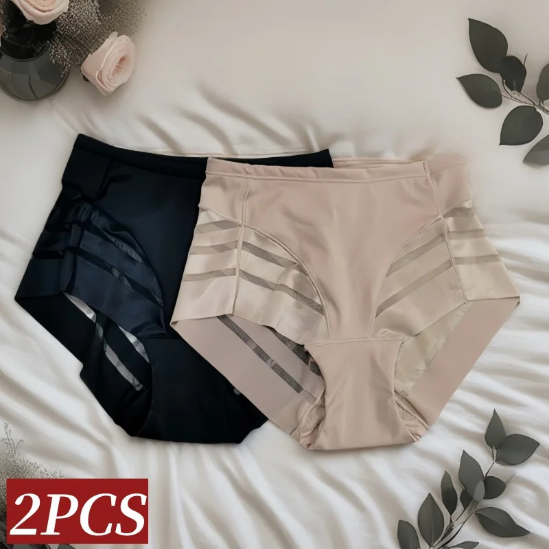 2Pcs/Set Ice Silk Panties Women High Rise Briefs Tummy Control Shapewear Female