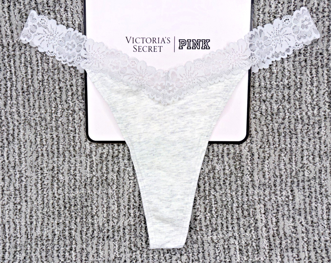 Victoria’s Secret PINK NWT Medium Gray Shimmer Lace Trim Thong Panty Sexy Cute