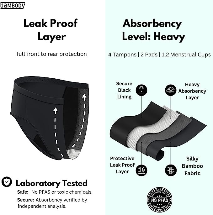 (3) BAMBODY ABSORBENT BRIEF PROTECTIVE PERIOD UNDERWEAR BAMBOO SIZE 8 / XL