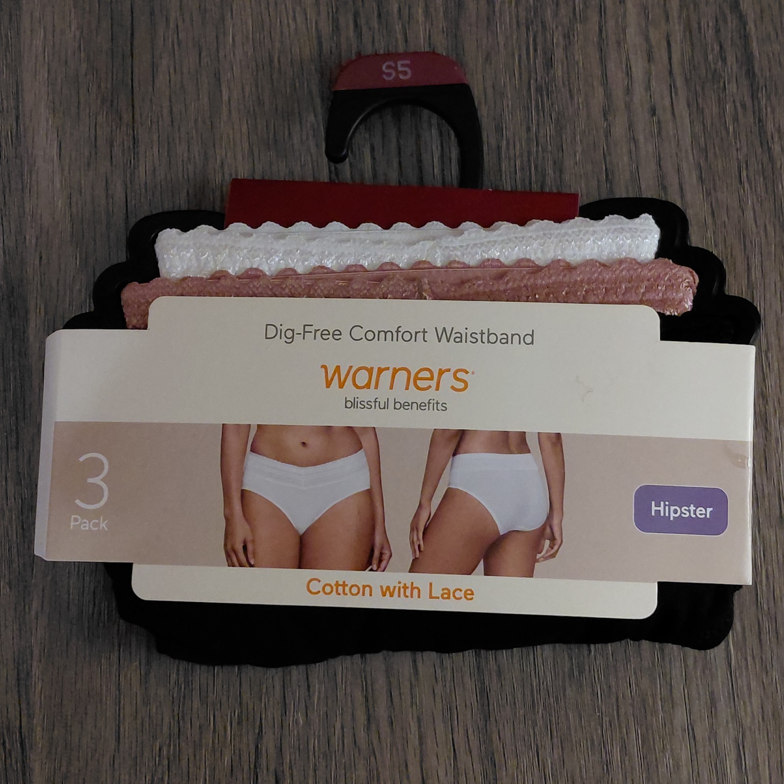 Warners Womens 3pc Dig-Free Cotton Lace Hipster Panty Set Sz S Black White Pink