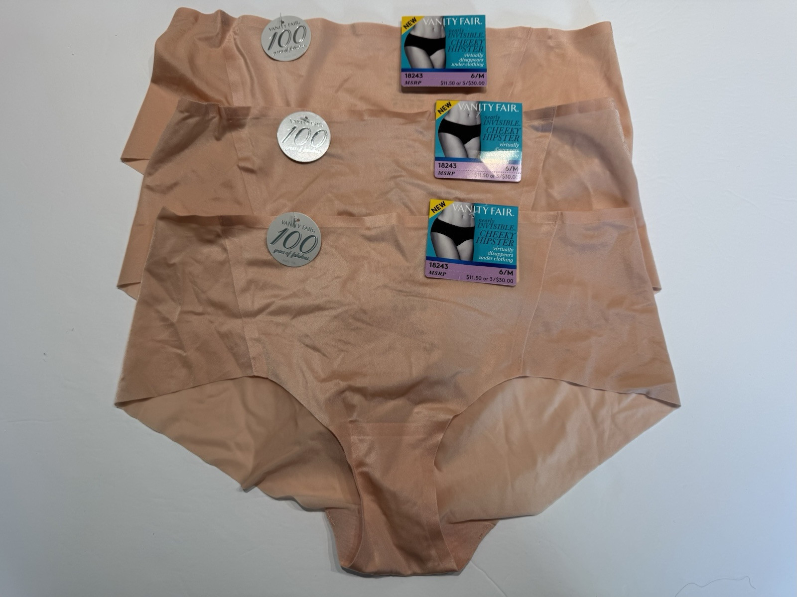 NWT 3 Vanity Fair Nearly Invisible Cheeky Hipster Panties 18243 6 M Light Beige