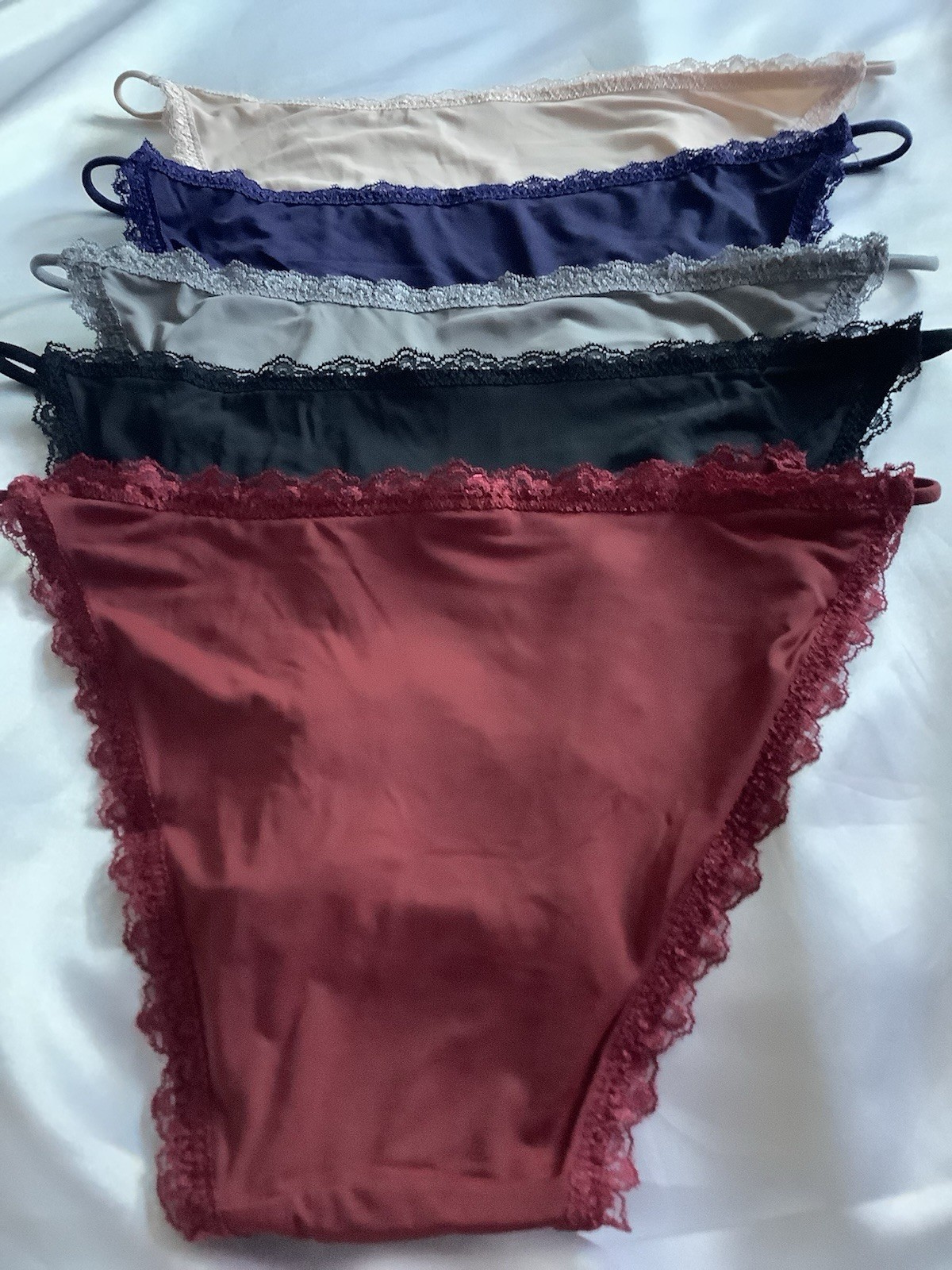 Women’s Bikini Briefs Stretch Lace Rim Elastic Waist Bow Red Navy Black 5Pk L
