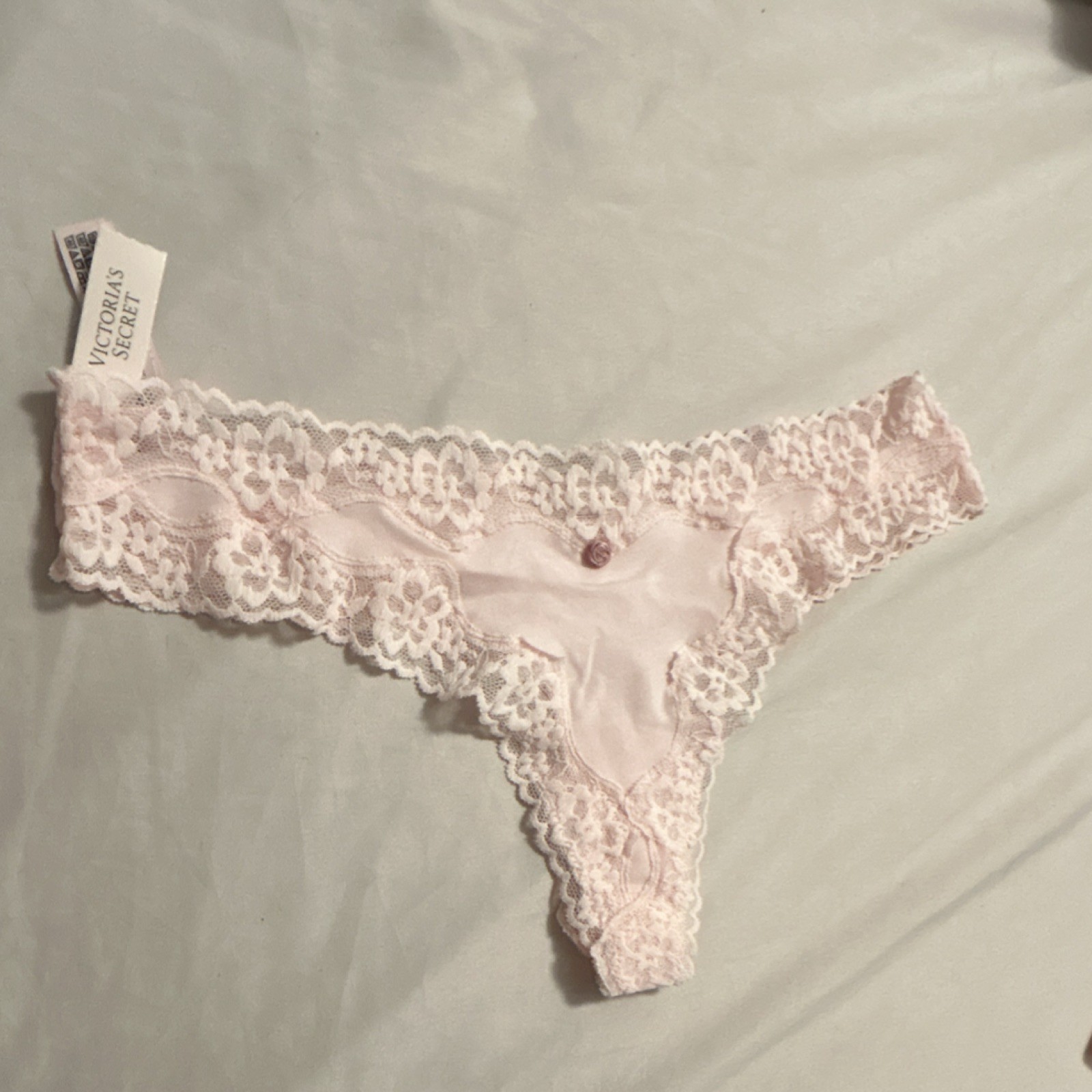 Victoria’s Secret Thong Panties Light Pink S/P Lace Floral Bow Accent Stretch