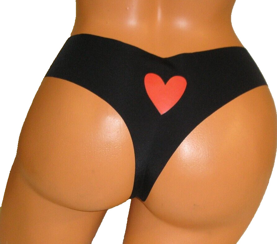 Heart Print Black Thong Panties Lingerie, XL Adult Gift