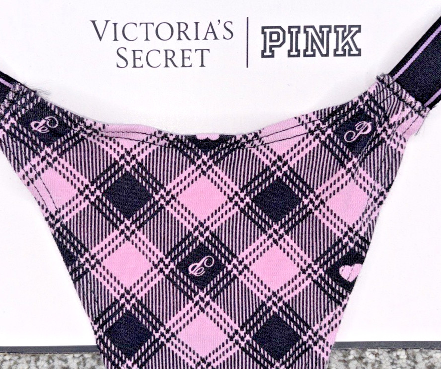 Victoria’s Secret PINK NWT Medium Black Plaid Micro Thong Panty Spellout Sexy