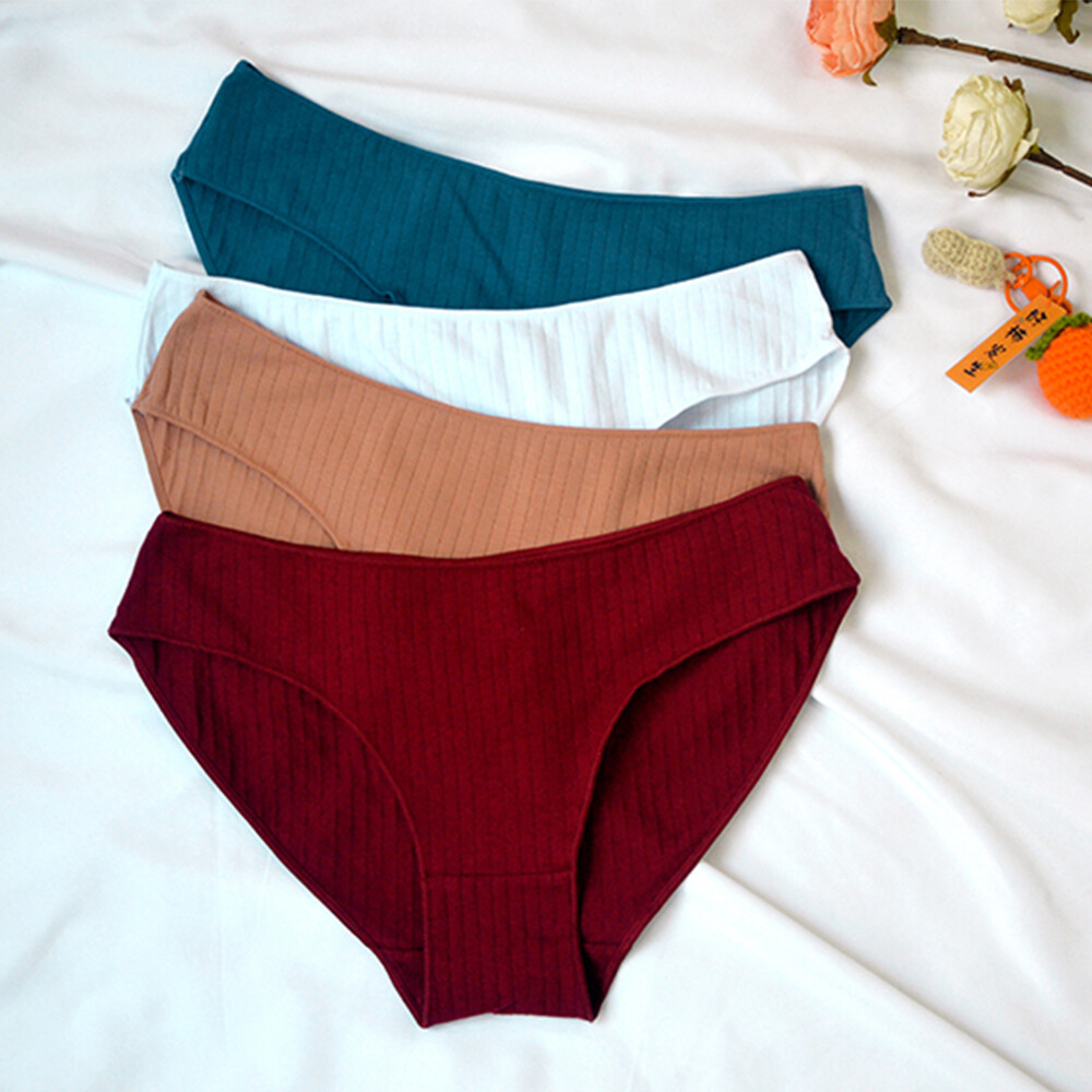 8pcs/set Simple Solid Color Cotton Panties Women Low Rise Stripe Underwear Brief