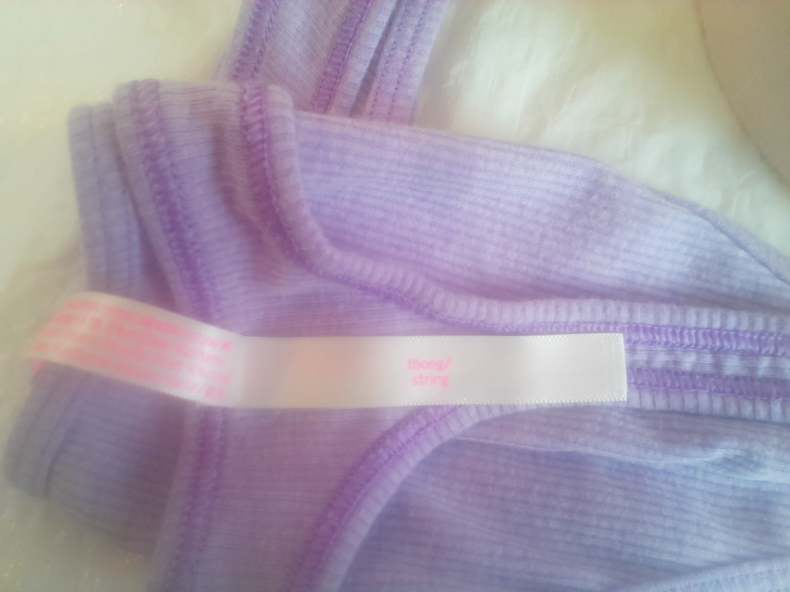 NWOT. VS. Embroidery Ghost Panty. PINK. Purple Soft Rib. Thong. L.