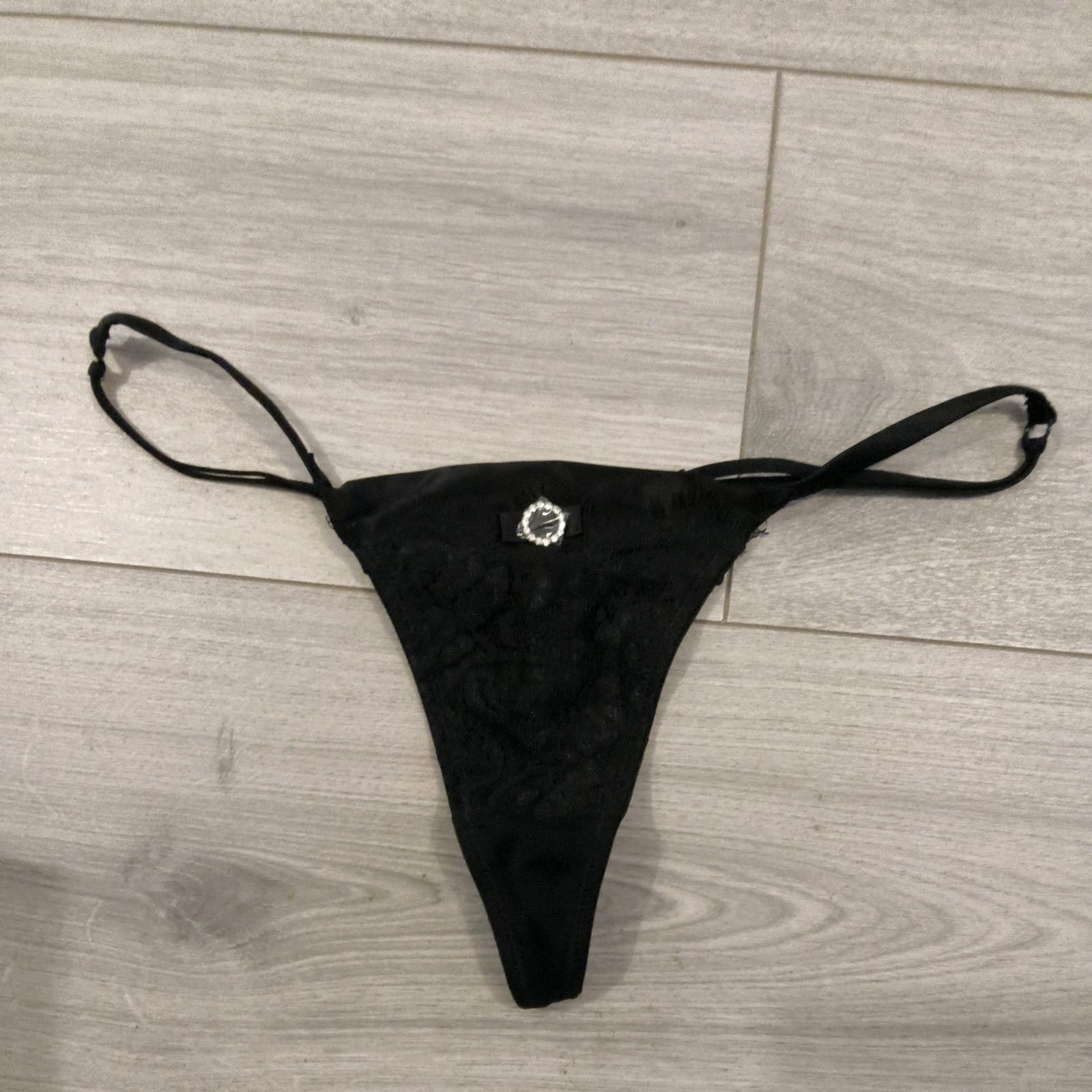 BNWOT Vintage La Senza Black Satin Lace & Diamonte Silk Blend Thong Size 12