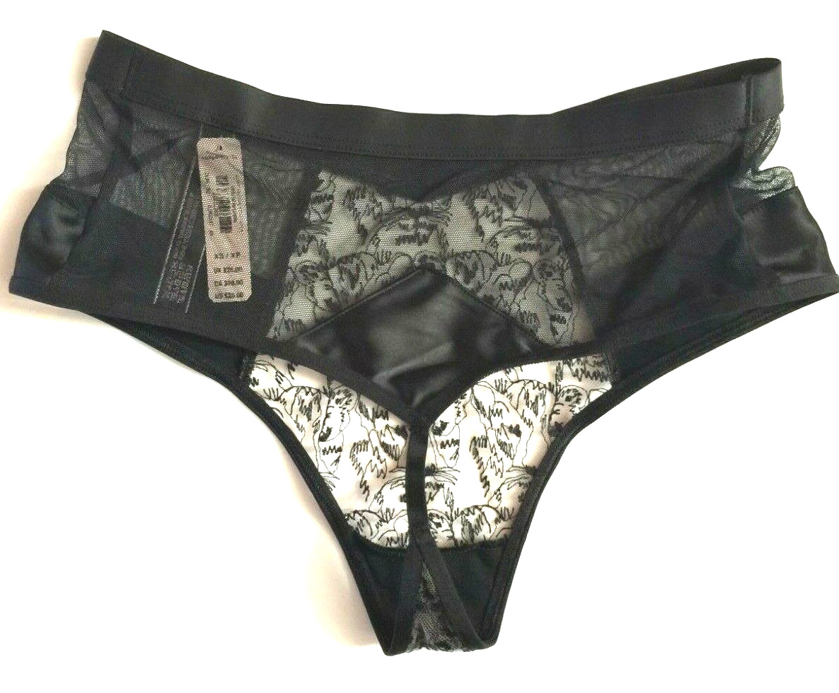 Victorias Secret Black Tiger Mesh High Waist Thong Panty XS Split Waist Satin