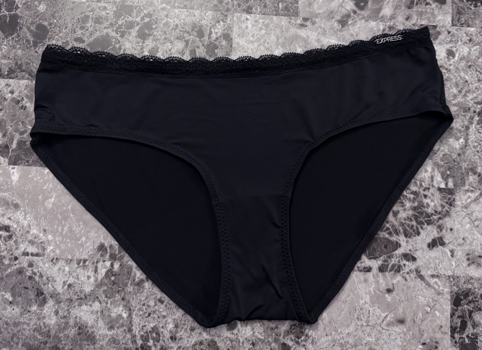 NWOT EXPRESS SMALL BLACK SMOOTH LACE LOGO HARDWARE HIPSTER HIPHUGGER PANTIES