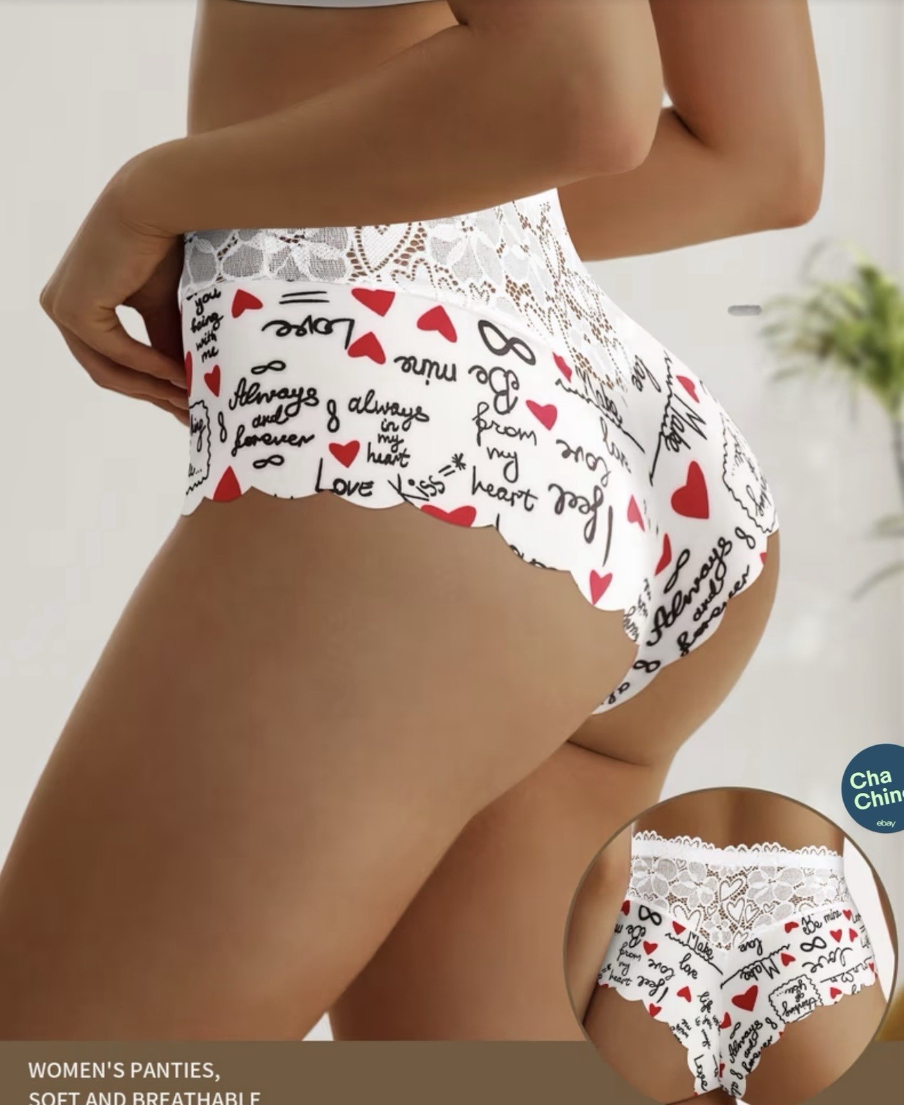 Women’s Teens Mid-Rise Lace Briefs Heart Script Print Red Black White 5Pk Large