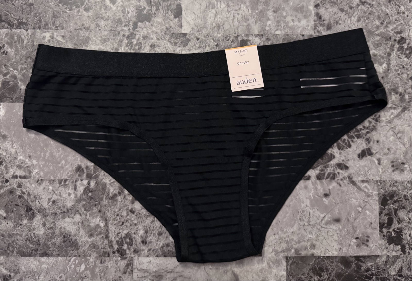 NWT AUDEN MEDIUM BLACK SHEER MESH STRIPE THICK WAISTBAND CHEEKY PANTIES
