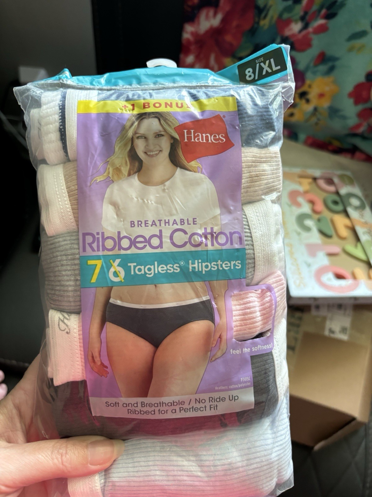 Hanes Ribbed Cotton Hipster Panties 7 Pack Multicolor 8/XL Tagless Breathable