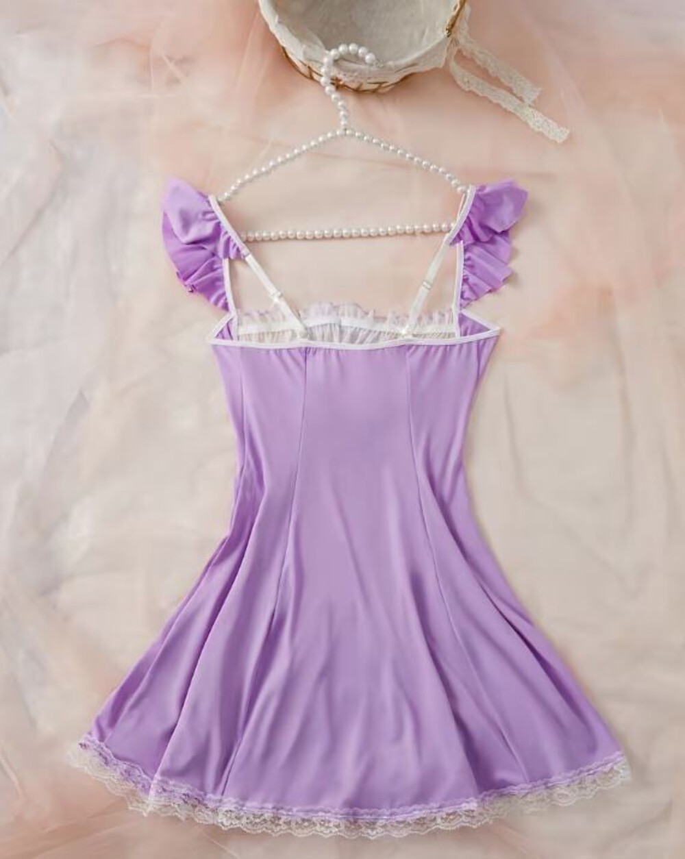 Lilac Satin Babydoll Nightdress Lace Trim Bow Chemise Lingerie size L 12-14