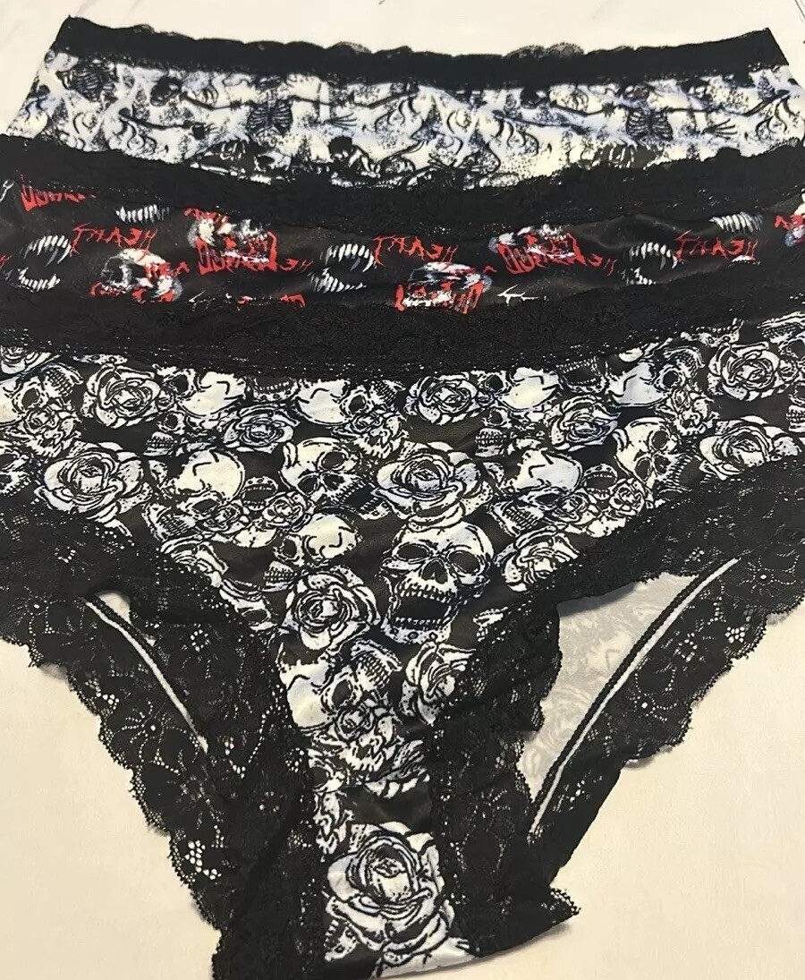 Morvia 3pk cheeky goth Emo panties Small Size skull Skeleton Lingerie Lace