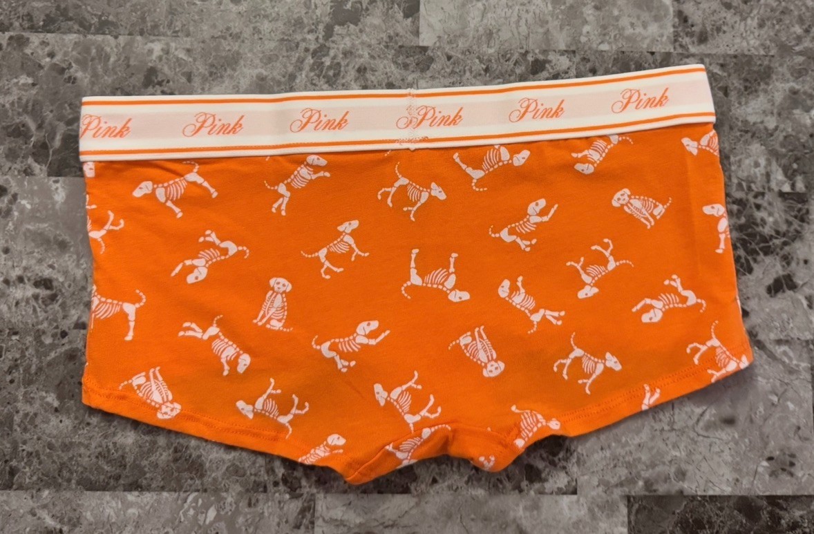 NWT VICTORIA’S SECRET PINK ORANGE WHITE SKELETON DOG HALLOWEEN BOYSHORT PANTIES
