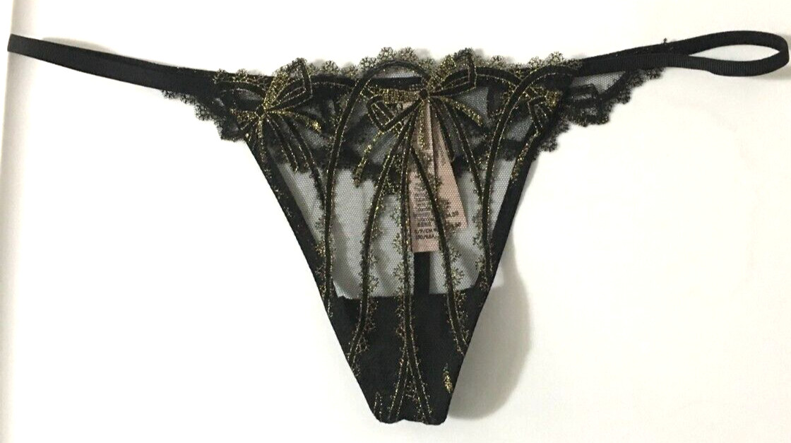 Victorias Secret Dream Angels Black Shine Lace V-String Thong Size S Sheer Bows