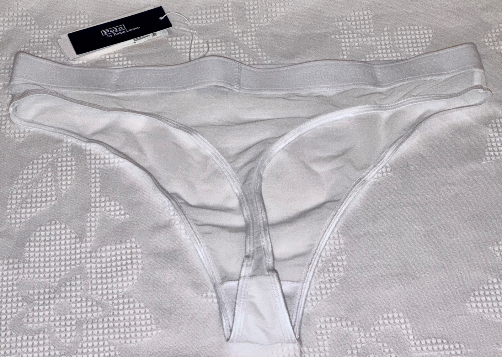 POLO RALPH LAUREN Tailored Mesh White Cloud Hi Waist Thong Panty Womens L 7 XL 8