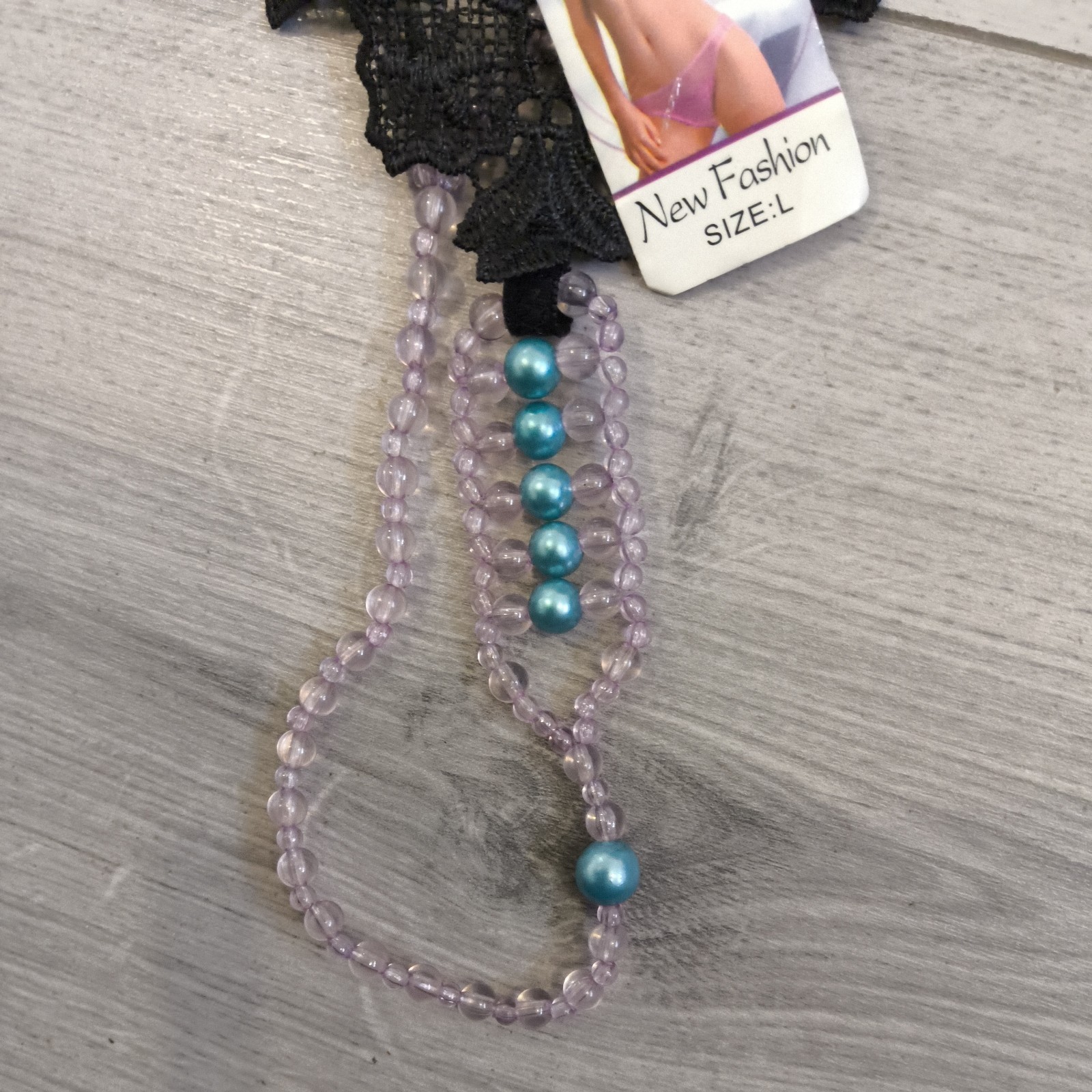 BNWT Bixtra Black Embroidered G String Thong Bead Chain Crotch Size 6-8