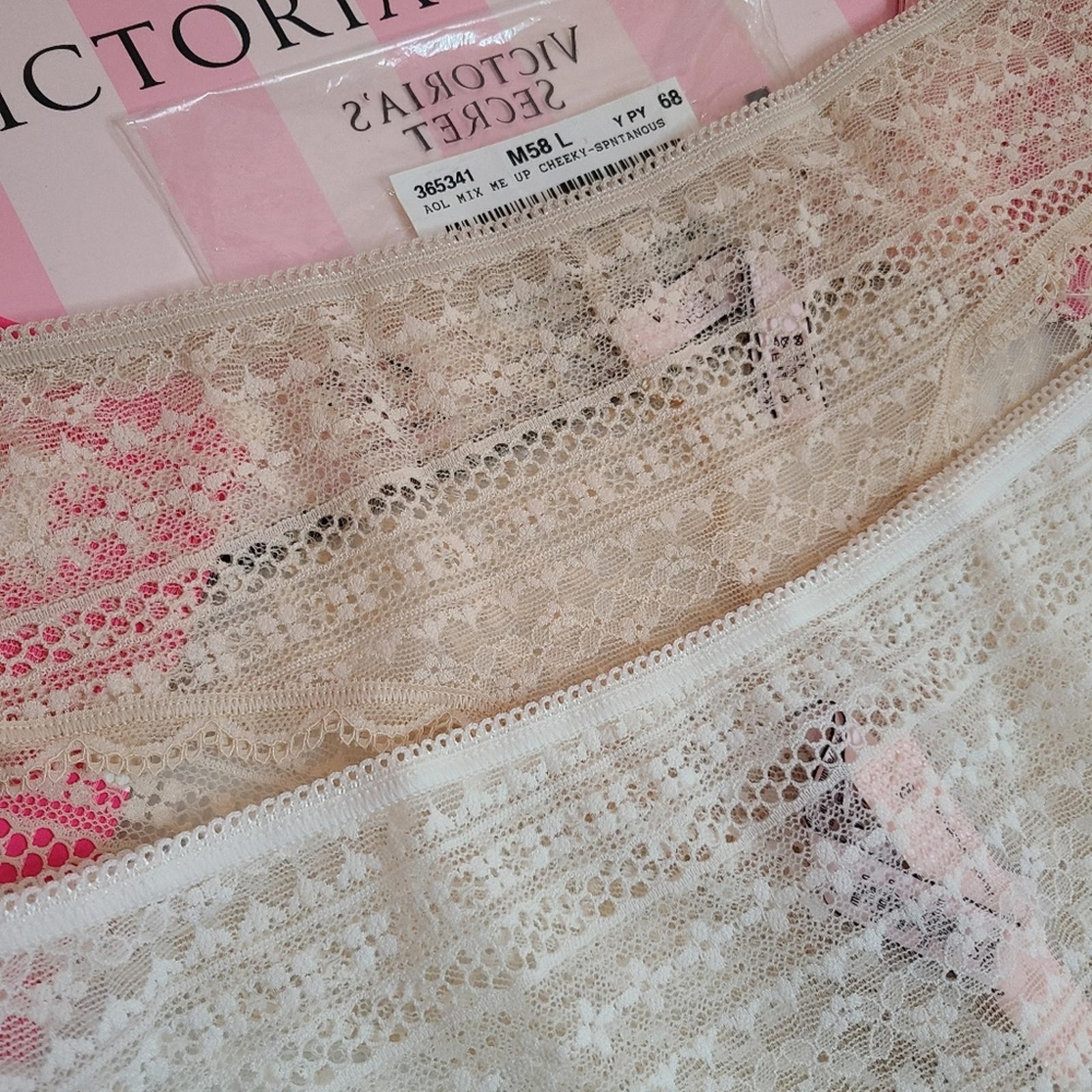 Victoria’s Secret 2pk All Over Lace Cheeky Panties Size Lg Nude White