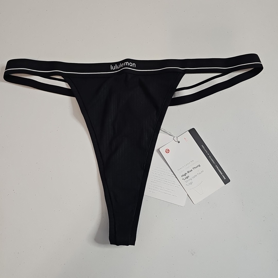 NEW NWT Lululemon Stretch Cotton Ribbed Logo High-Rise Thong Panties Black Sz. L
