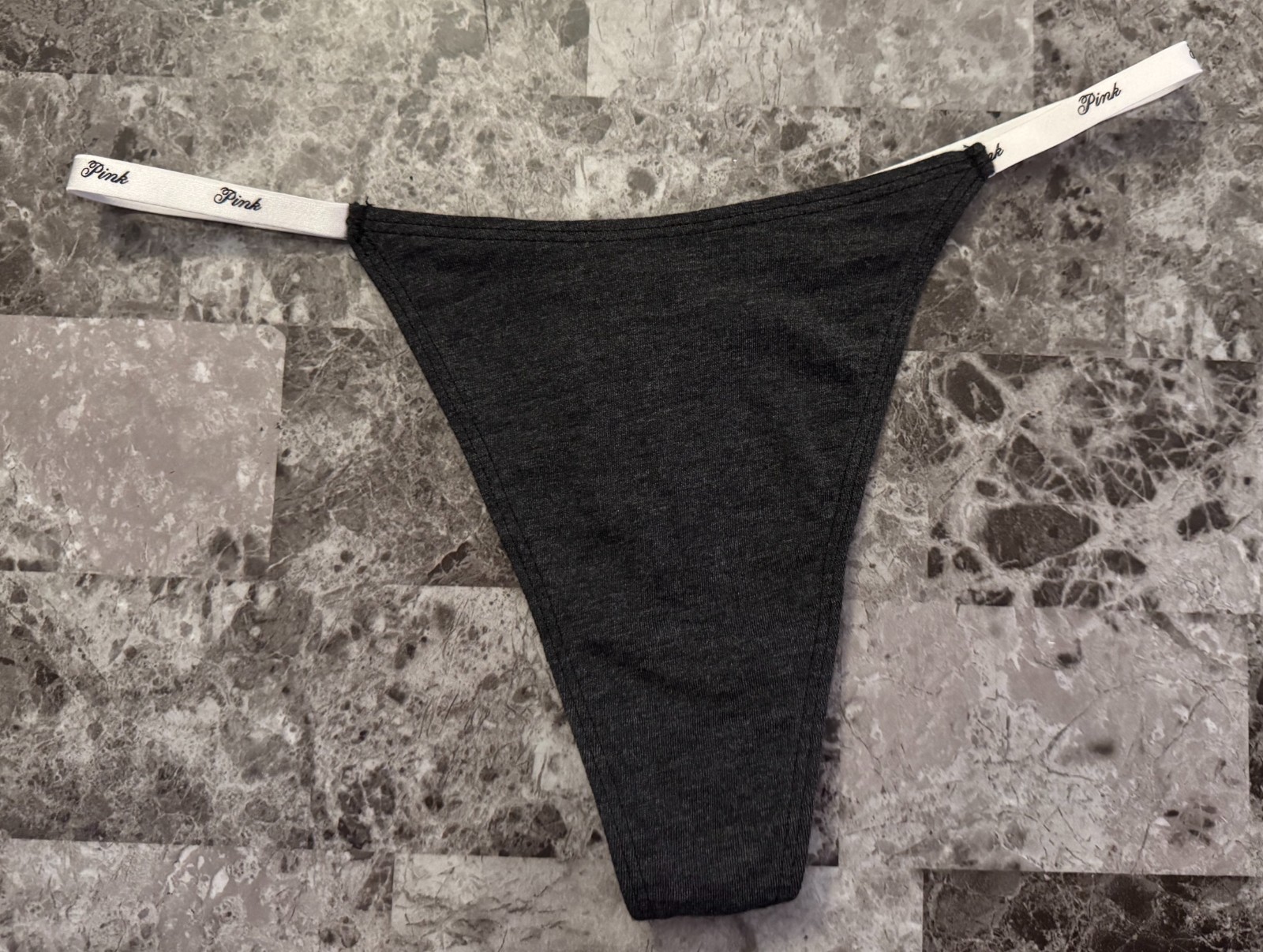 NWT VICTORIA’S SECRET PINK CHARCOAL GRAY LOGO SIDE STRAPS HIGH LEG THONG PANTIES
