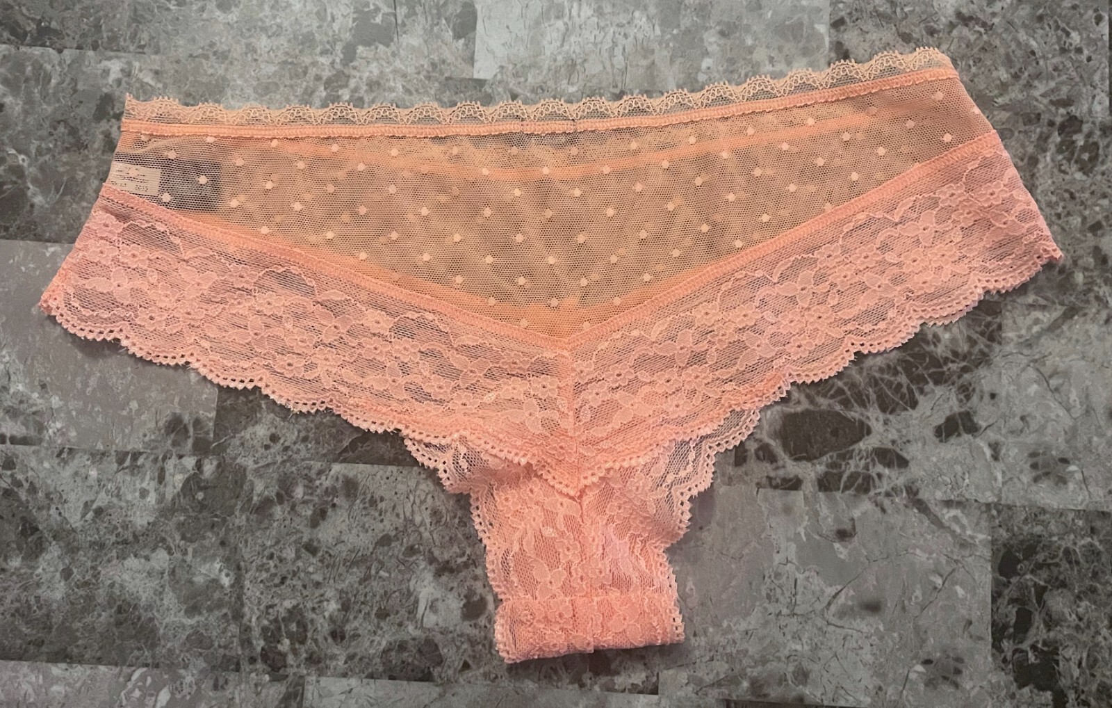 AMERICAN EAGLE AERIE S PEACH CORAL DOTTED MESH LACE RARE CHEEKY TANGA PANTIES