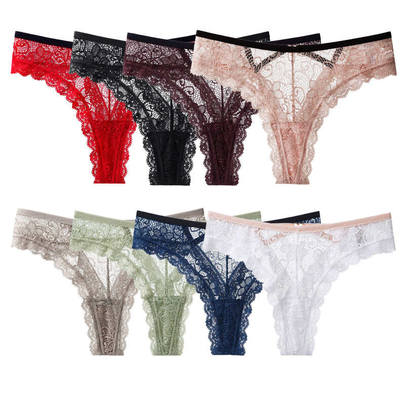 8pcs Women Transparent G Strings Hollow Lace Temptation Low-waist Panties Thongs