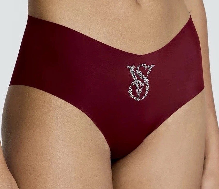 New! VICTORIAS SECRET VS Rhinestone Logo NO-SHOW CHEEKY PANTY Smooth Sangria Red