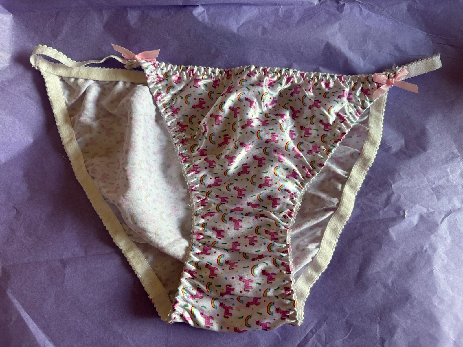 Handmade Shiny satin string bikini panties Satin Gusset Unicorn Rainbow 2XL