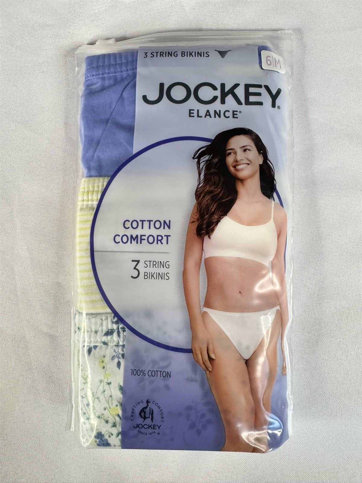 Jockey Elance 100% Cotton Women’s 6/M Blue/Yellow String Bikini Panty 3-Pack