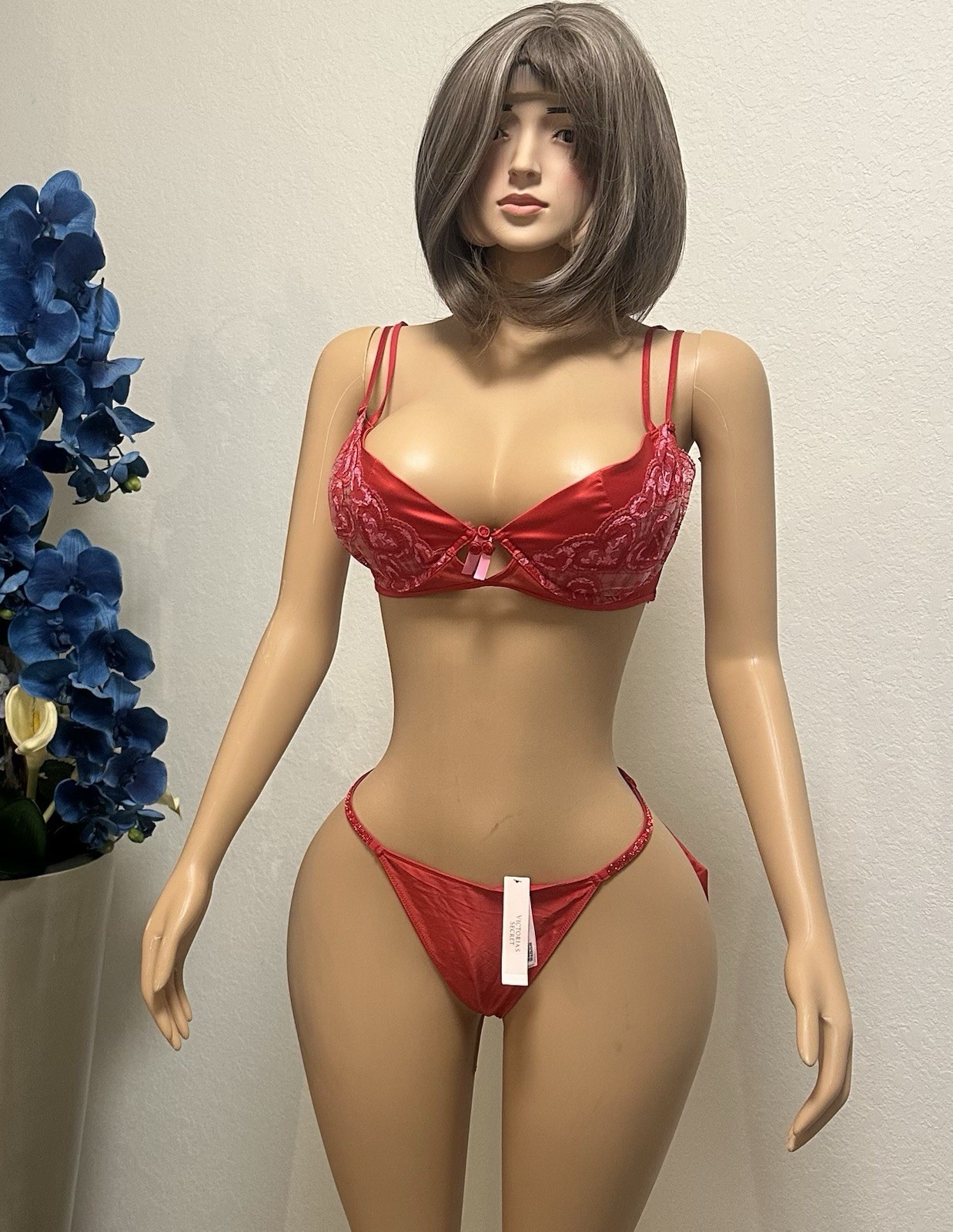 For Love & Lemons Red Lace Lingerie Set Bow Back Thong NWT Size M/CC 36D