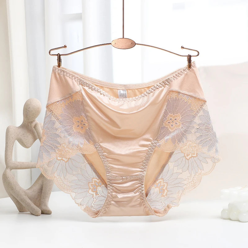 Mid Rise Lace Panties Women’s Floral Embroidery Satin Soft Briefs Underwear