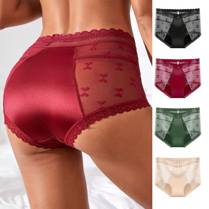 4 Pack Lot Sexy Womens Satin Panties Brief High Waist Sheer Underwear Lingeries