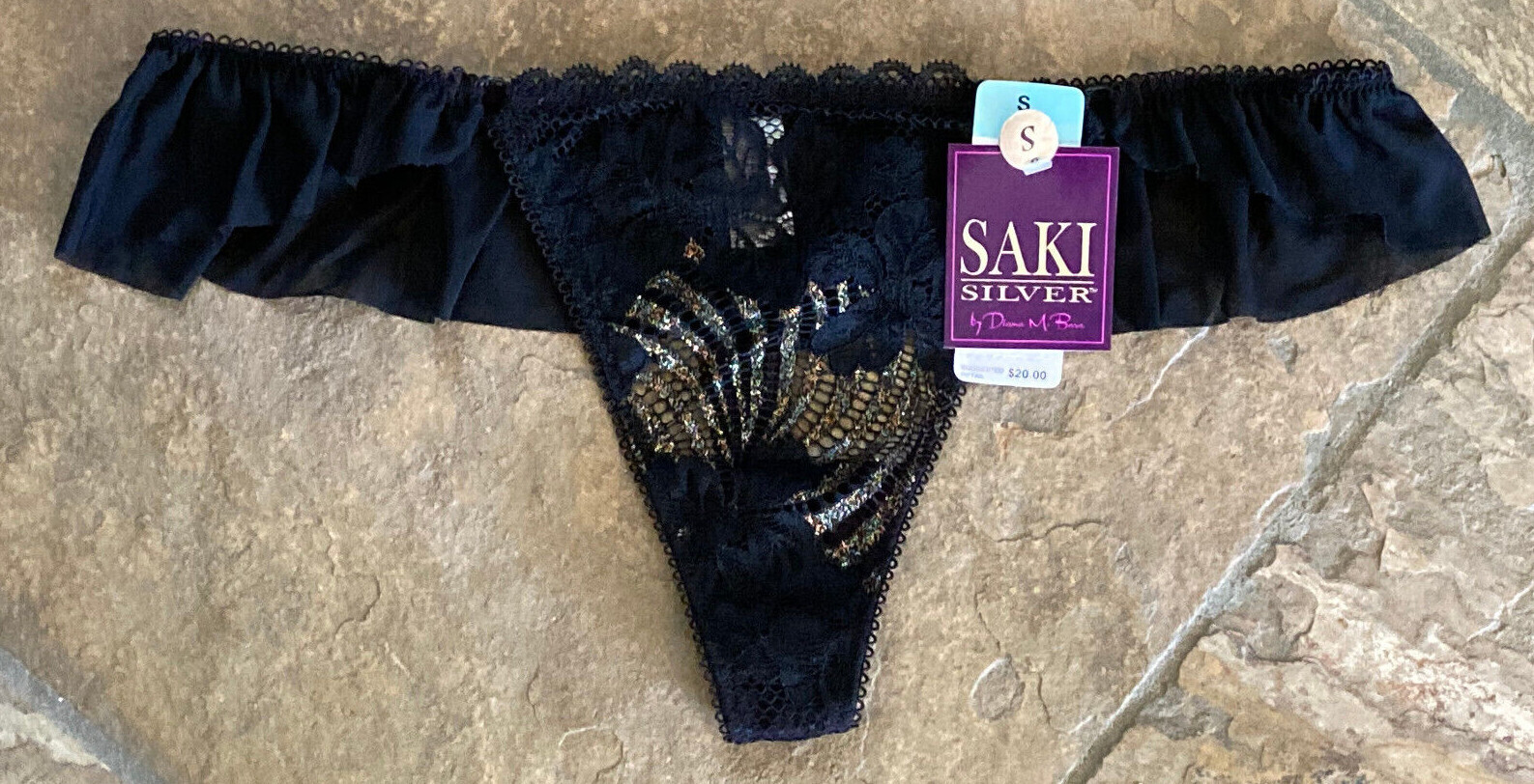 722 SAKI SILVER Sm Black Ruffle Waist Glitter Hoop Front Thong Panty NWT #240