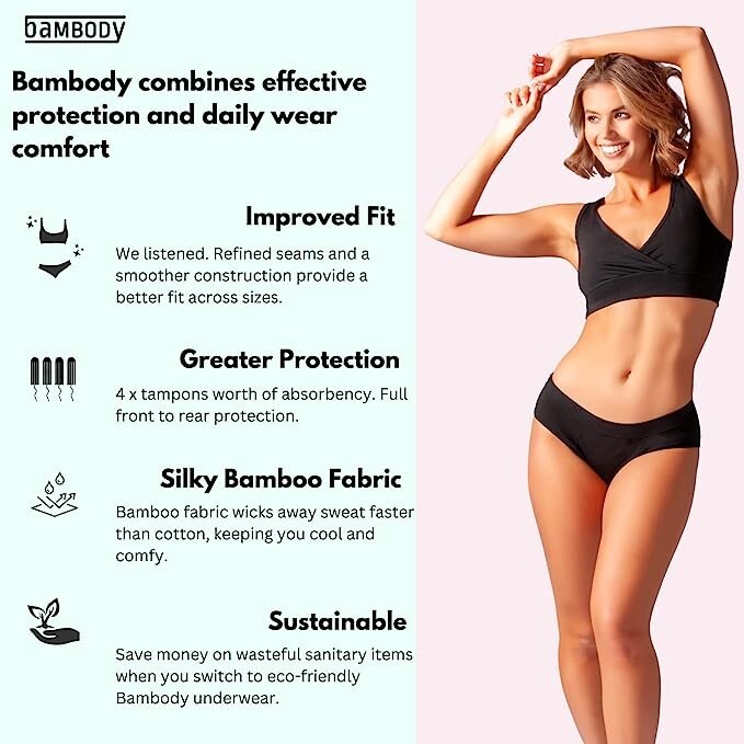 (3) BAMBODY ABSORBENT BRIEF PROTECTIVE PERIOD UNDERWEAR BAMBOO SIZE 8 / XL